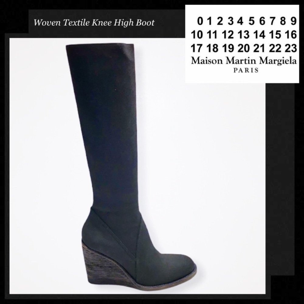 MAISON MARTIN MARGIELA Woven Textile Wooden Wedge Knee High Boot